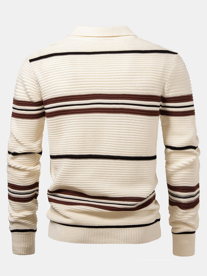 Striped Textured Zip Knit Polo Shirt