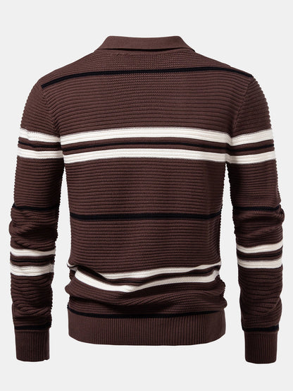 Striped Textured Zip Knit Polo Shirt