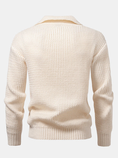 Long Sleeve Wave Jacquard Knit V Neck Polo Shirt