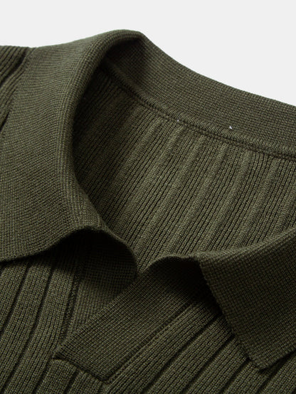 Long Sleeve Ribbed Knit Johnny Collar Polo Shirt