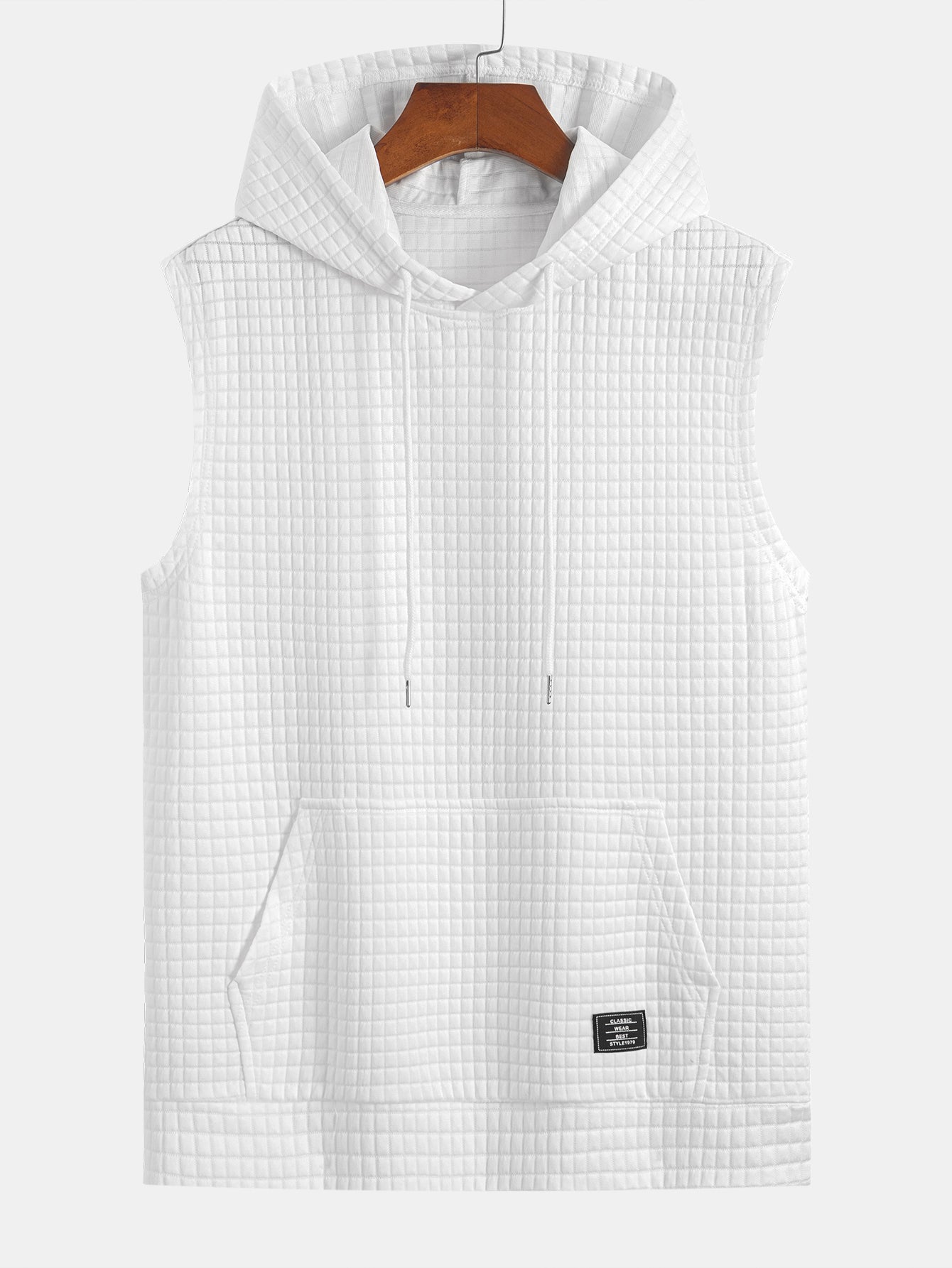 Waffle Sleeveless Hooded T-Shirt With Kangaroo Pocket