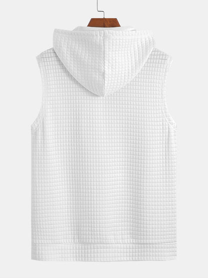 Waffle Sleeveless Hooded T-Shirt With Kangaroo Pocket