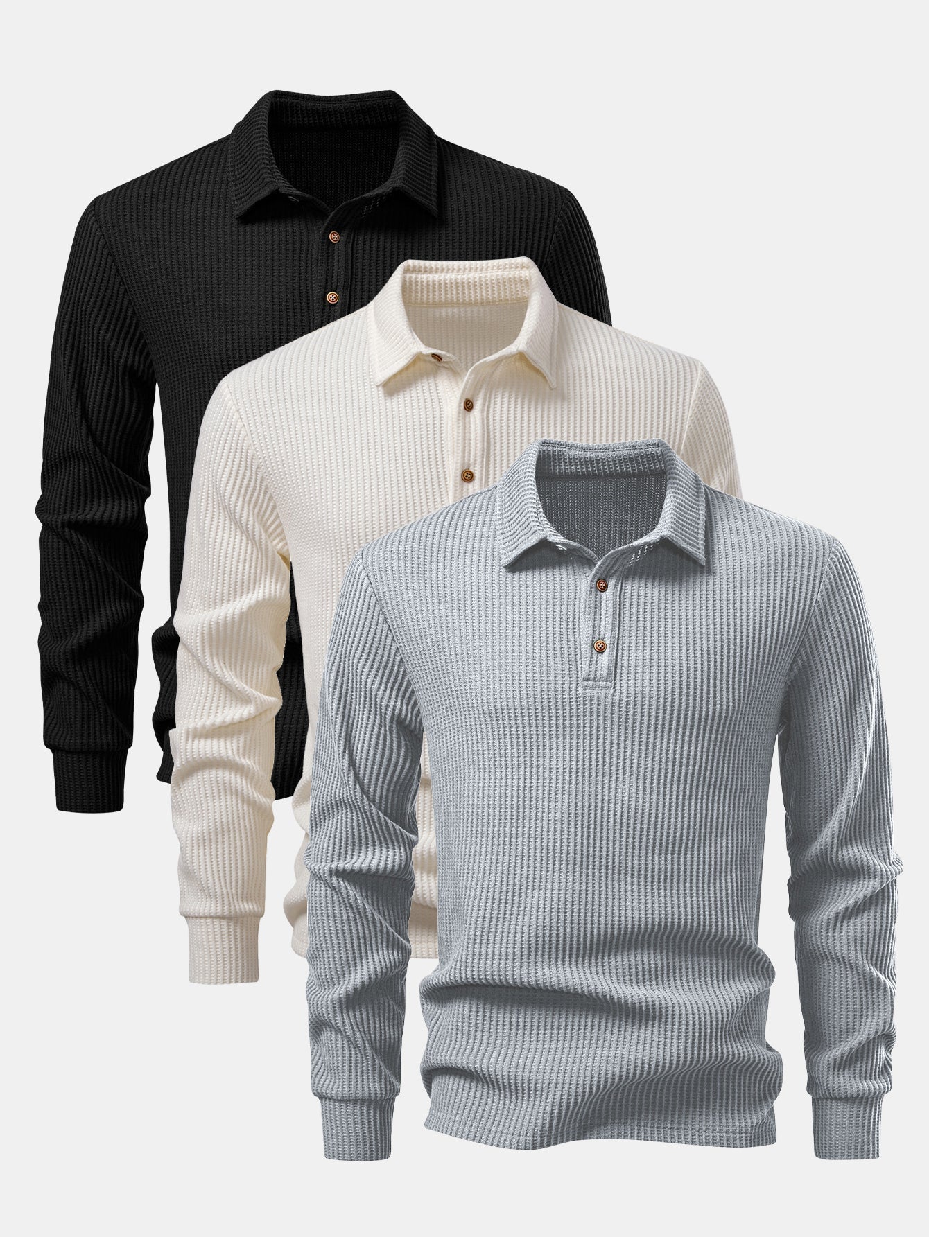 3 Pieces Long Sleeved Knitted Waffle Polo Shirt