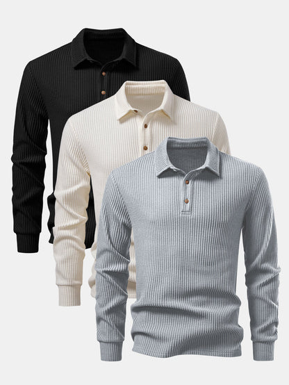 3 Pieces Long Sleeved Knitted Waffle Polo Shirt