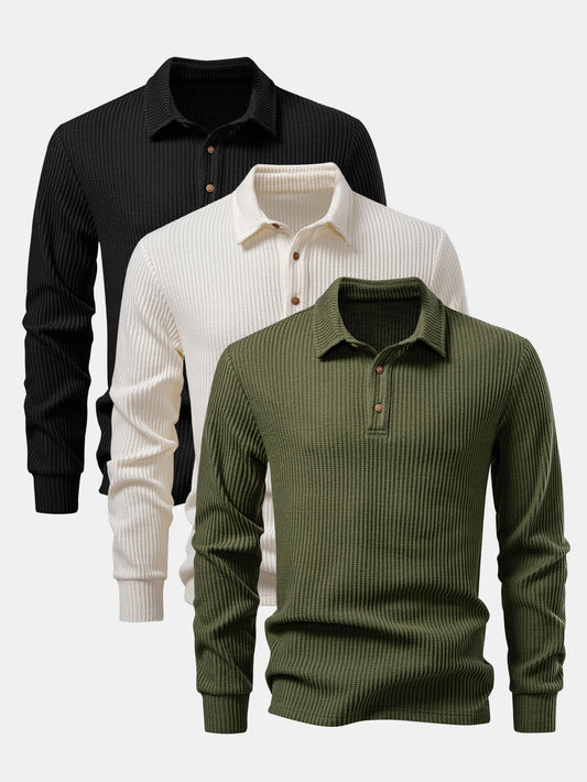 3 Pieces Long Sleeved Knitted Waffle Polo Shirt