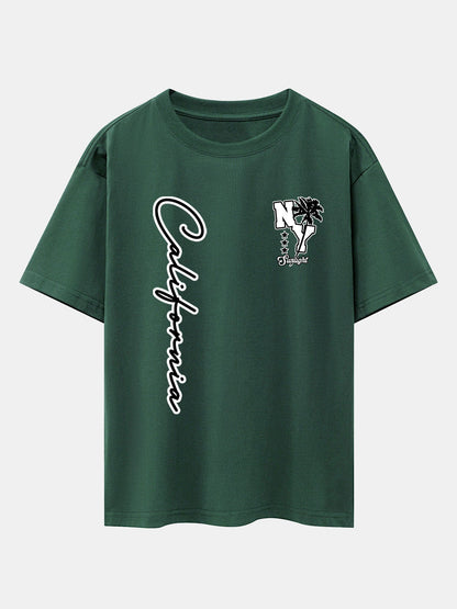 New York California Palm Tree Print Drop Shoulder Oversize T-Shirt