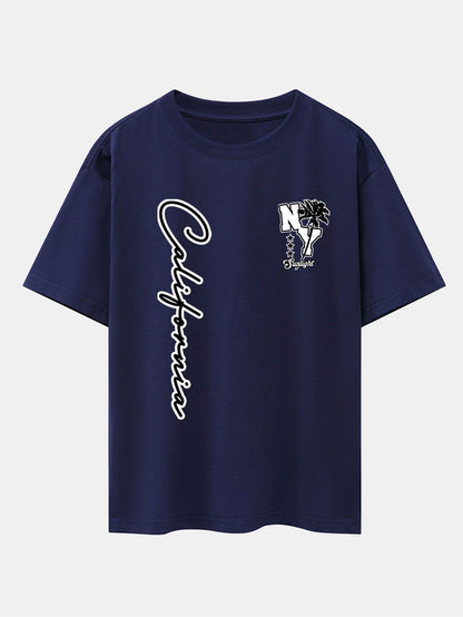 New York California Palm Tree Print Drop Shoulder Oversize T-Shirt