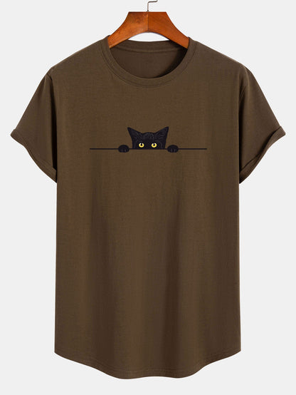 Black Cat Print Cotton Arc Hem T-Shirt