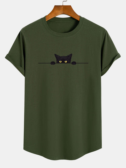 Black Cat Print Cotton Arc Hem T-Shirt