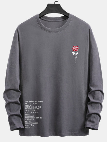 Long Sleeve Slogon Rose Print Cotton T-Shirt
