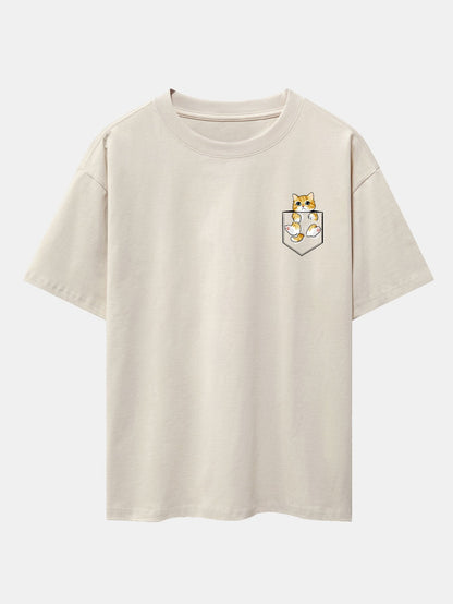Pocket Cat Print Drop Shoulder Oversize T-Shirt