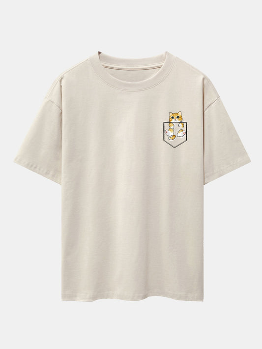 Pocket Cat Print Drop Shoulder Oversize T-Shirt