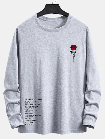 Long Sleeve Slogon Rose Print Cotton T-Shirt