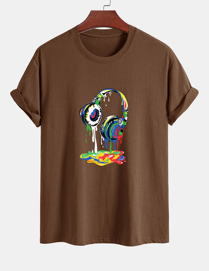 Regular Fit Dissolving Headphones Print Cotton T-Shirt