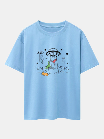 UFO Take Away Dinosaurs Print Drop Shoulder Oversize T-Shirt