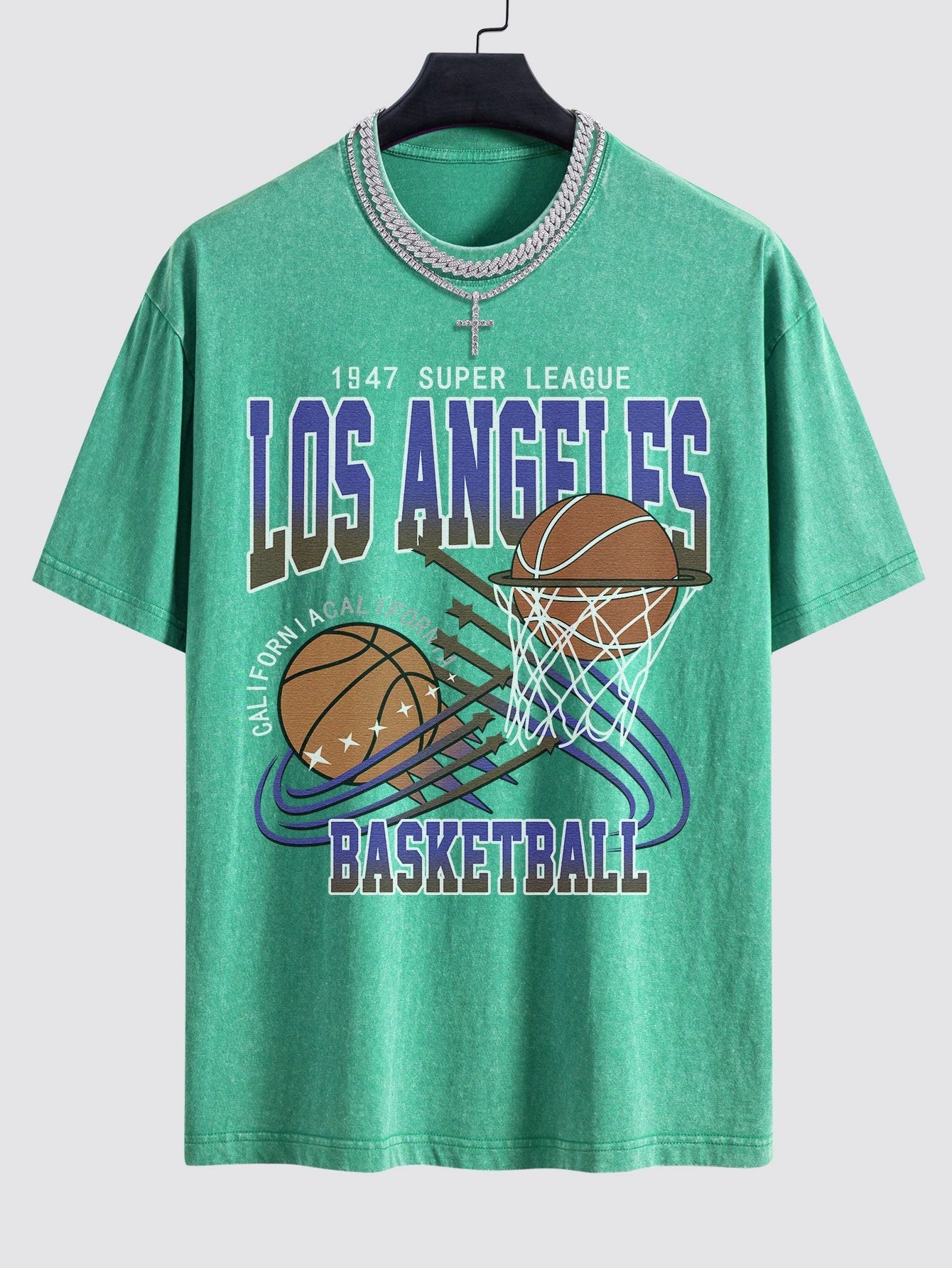 Los Angeles Basketball Print Washed Drop Shoulder Oversize T-Shirt