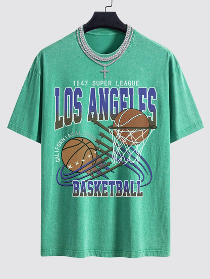 Los Angeles Basketball Print Washed Drop Shoulder Oversize T-Shirt