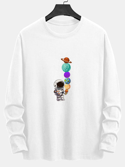 Long Sleeve Planet Astronaut Print Cotton T-Shirt