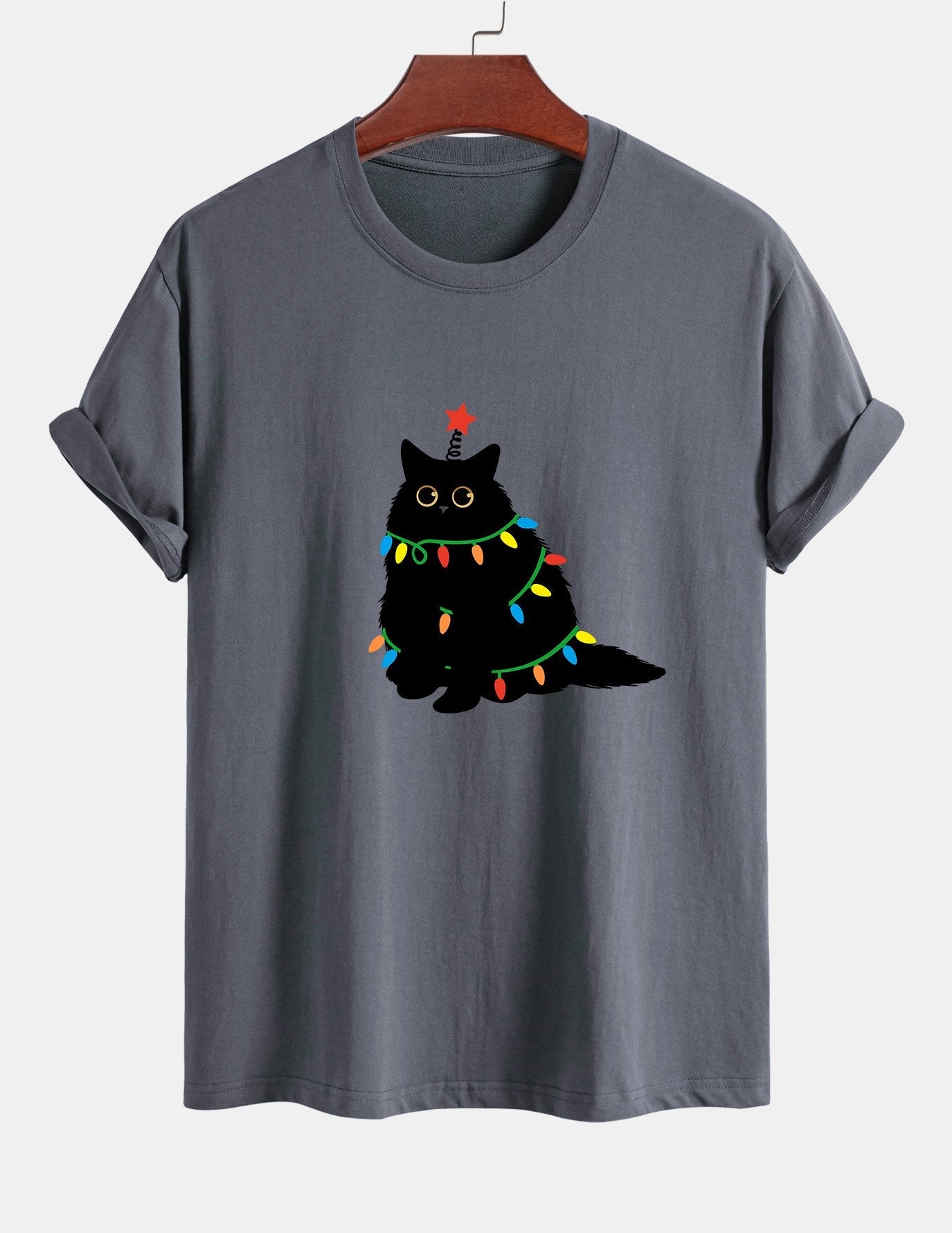 Regular Fit Colorful Light Black Cat Print Cotton T-Shirt