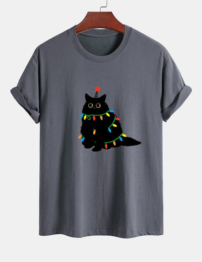 Regular Fit Colorful Light Black Cat Print Cotton T-Shirt