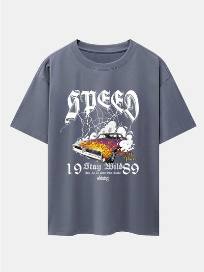Lightning Speed Car Print Drop Shoulder Oversize T-Shirt