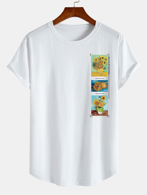 Sunflower Oil Painting Print Cotton Arc Hem T-Shirt