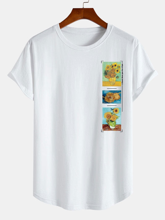 Sunflower Oil Painting Print Cotton Arc Hem T-Shirt