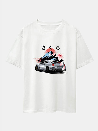 Tokyo Cherry Blossoms Car Print Drop Shoulder Oversize T-Shirt