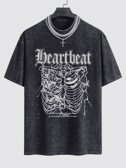 Slogan Skeleton Print Washed Drop Shoulder Oversize T-Shirt
