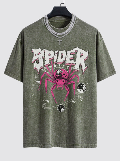 Spider Print Washed Drop Shoulder Oversize T-Shirt
