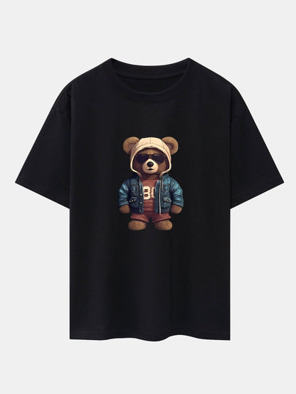 Bear In Leather Jacket Print Drop Shoulder Oversize T-Shirt
