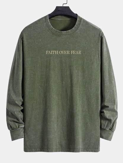 Faith Over Fear Print Relax Fit Long Sleeve Washed Distressed T-Shirt