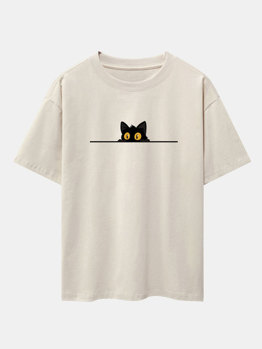 Black Cat Print Drop Shoulder Oversize T-Shirt