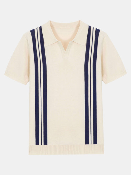 Striped Johnny Collar Sweater Polo