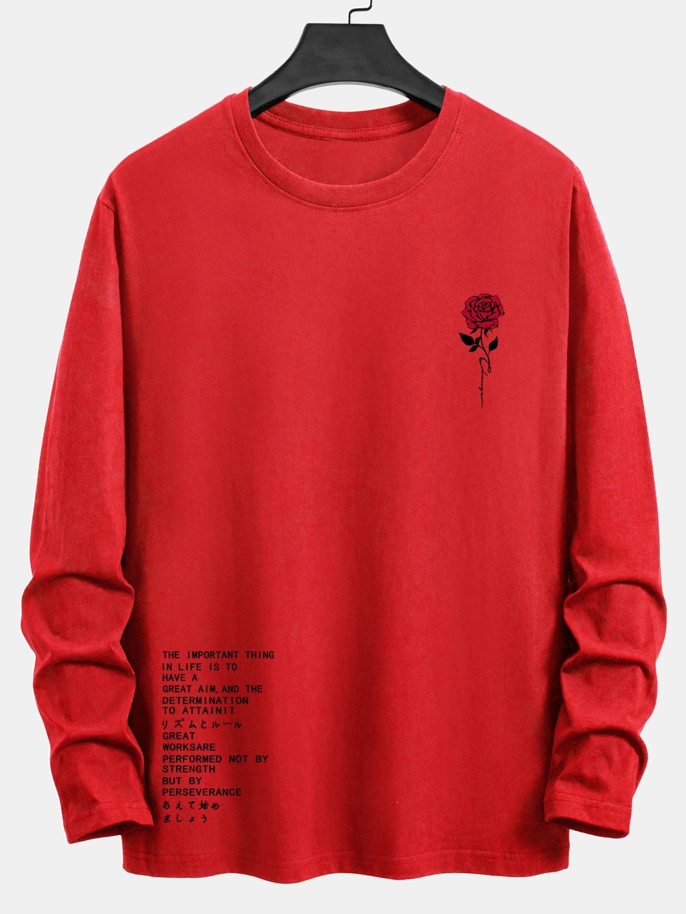 Long Sleeve Slogon Rose Print Cotton T-Shirt