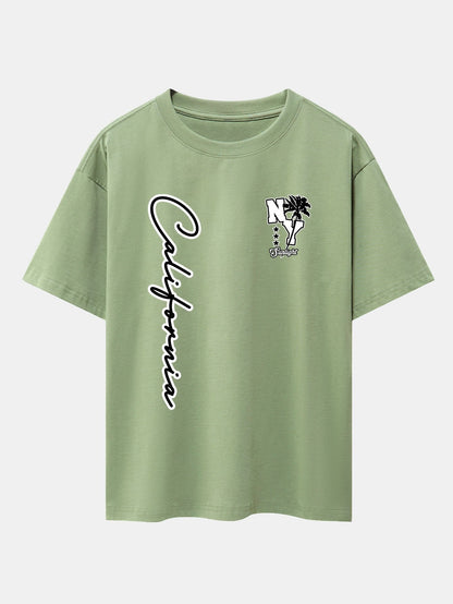 New York California Palm Tree Print Drop Shoulder Oversize T-Shirt