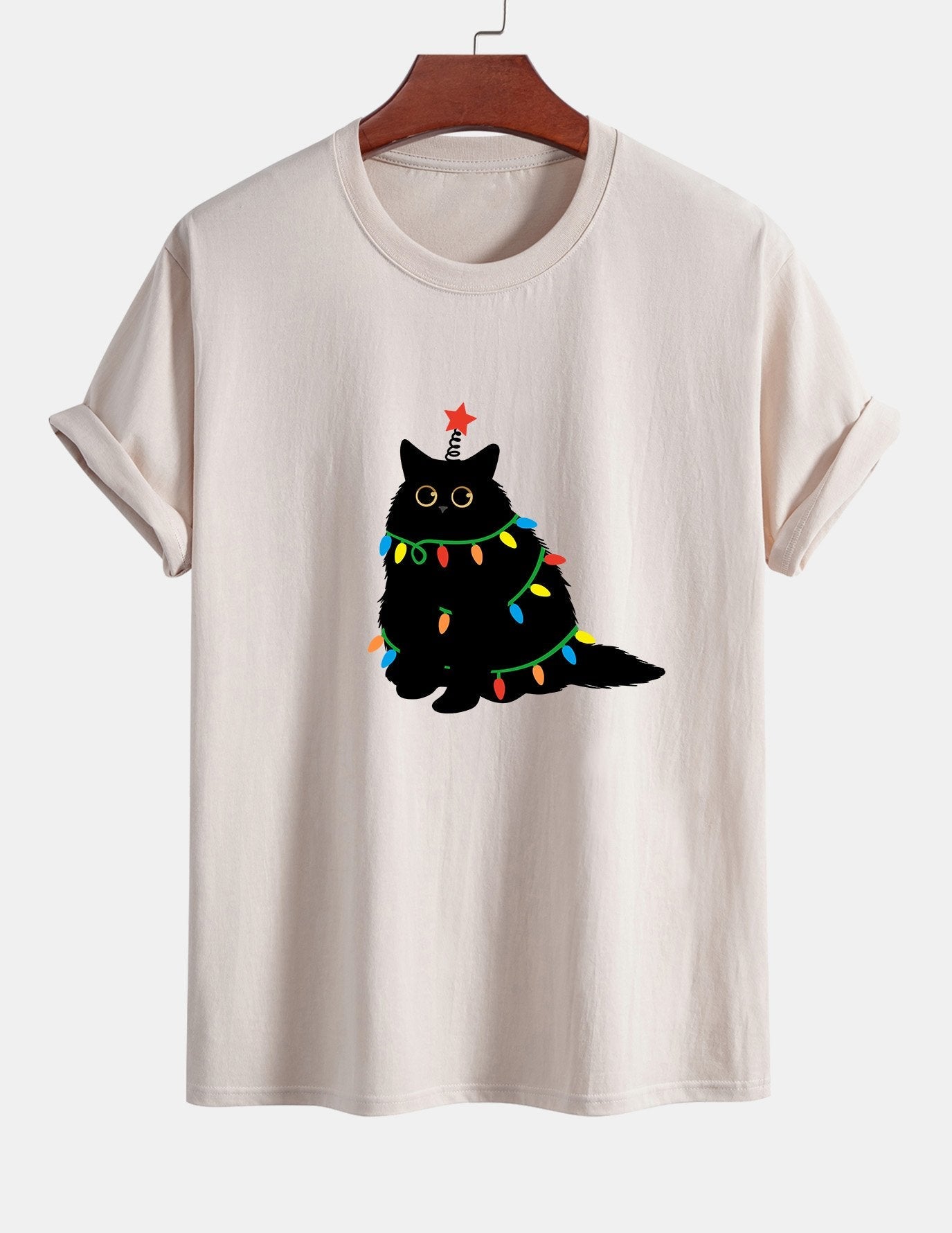 Regular Fit Colorful Light Black Cat Print Cotton T-Shirt