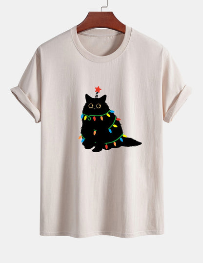 Regular Fit Colorful Light Black Cat Print Cotton T-Shirt