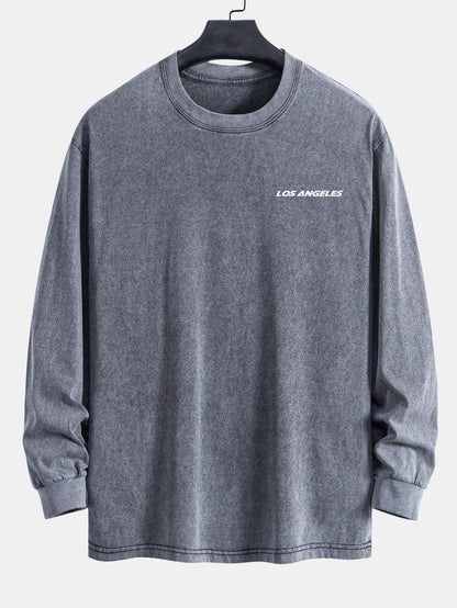 Los Angeles Print Relax Fit Long Sleeve Washed Distressed T-Shirt