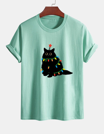 Regular Fit Colorful Light Black Cat Print Cotton T-Shirt