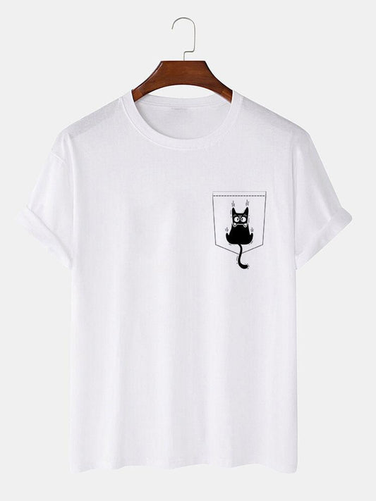 Cat Slipping Out Of Pocket Print T-Shirt