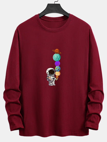 Long Sleeve Planet Astronaut Print Cotton T-Shirt