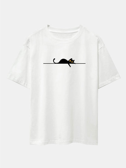 Black Cat Print Drop Shoulder Oversize T-Shirt