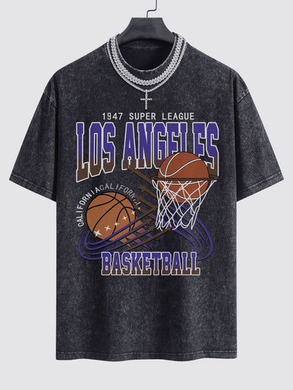 Los Angeles Basketball Print Washed Drop Shoulder Oversize T-Shirt