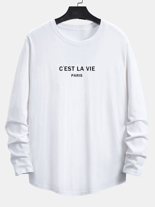 Long Sleeve Paris Slogan Print Cotton Arc Hem T-Shirt