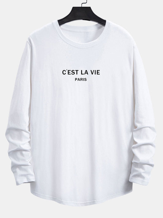 Long Sleeve Paris Slogan Print Cotton Arc Hem T-Shirt