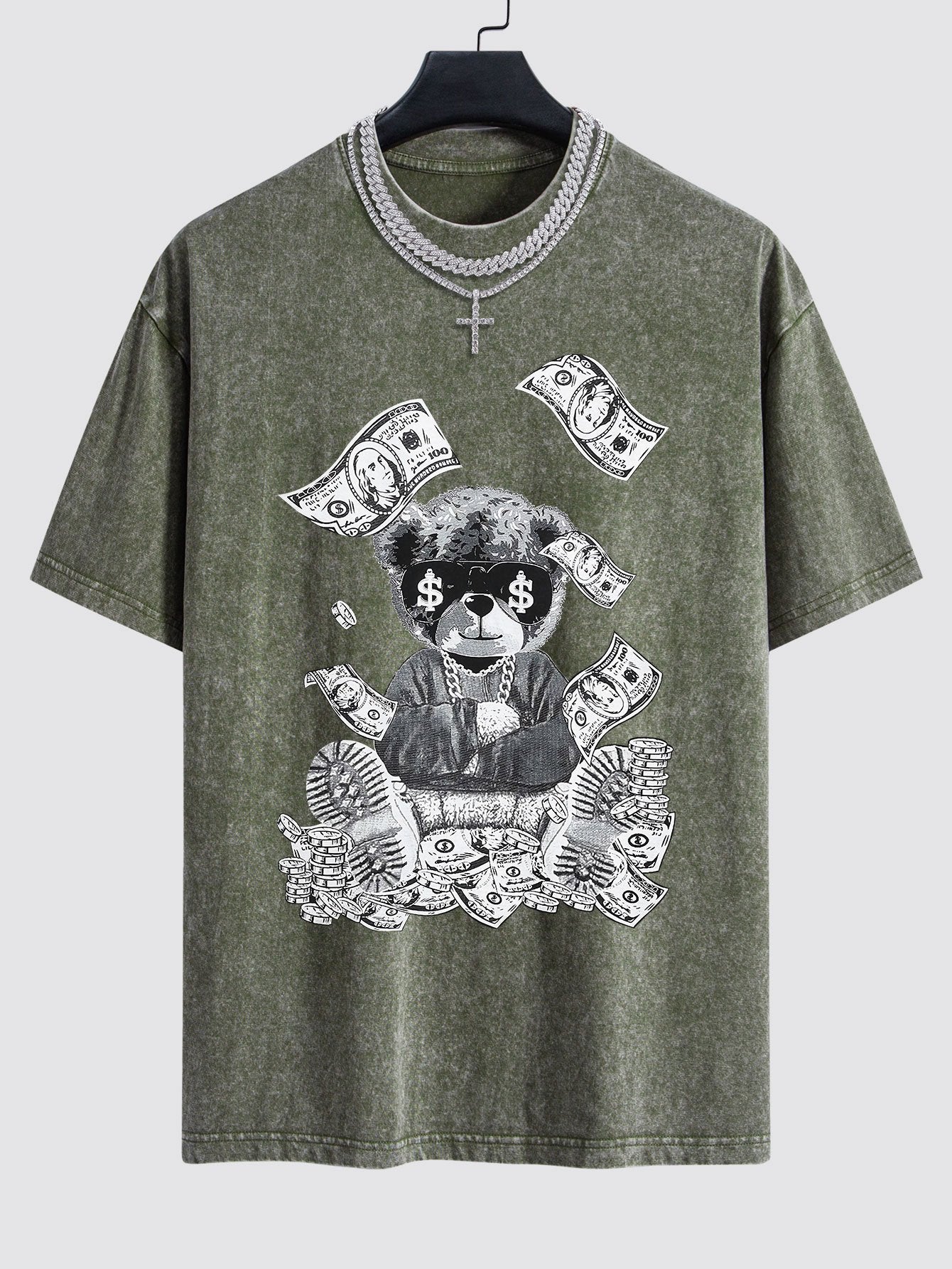 Money Bear Print Washed Drop Shoulder Oversize T-Shirt