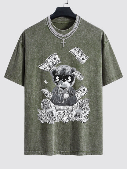 Money Bear Print Washed Drop Shoulder Oversize T-Shirt