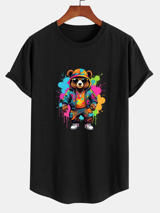 Graffiti Bear Print Cotton Arc Hem T-Shirt