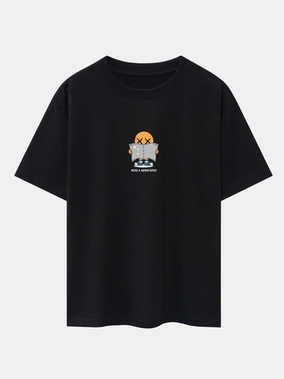 Cartoon Smiley Read Newspaper Print Drop Shoulder Oversize T-Shirt